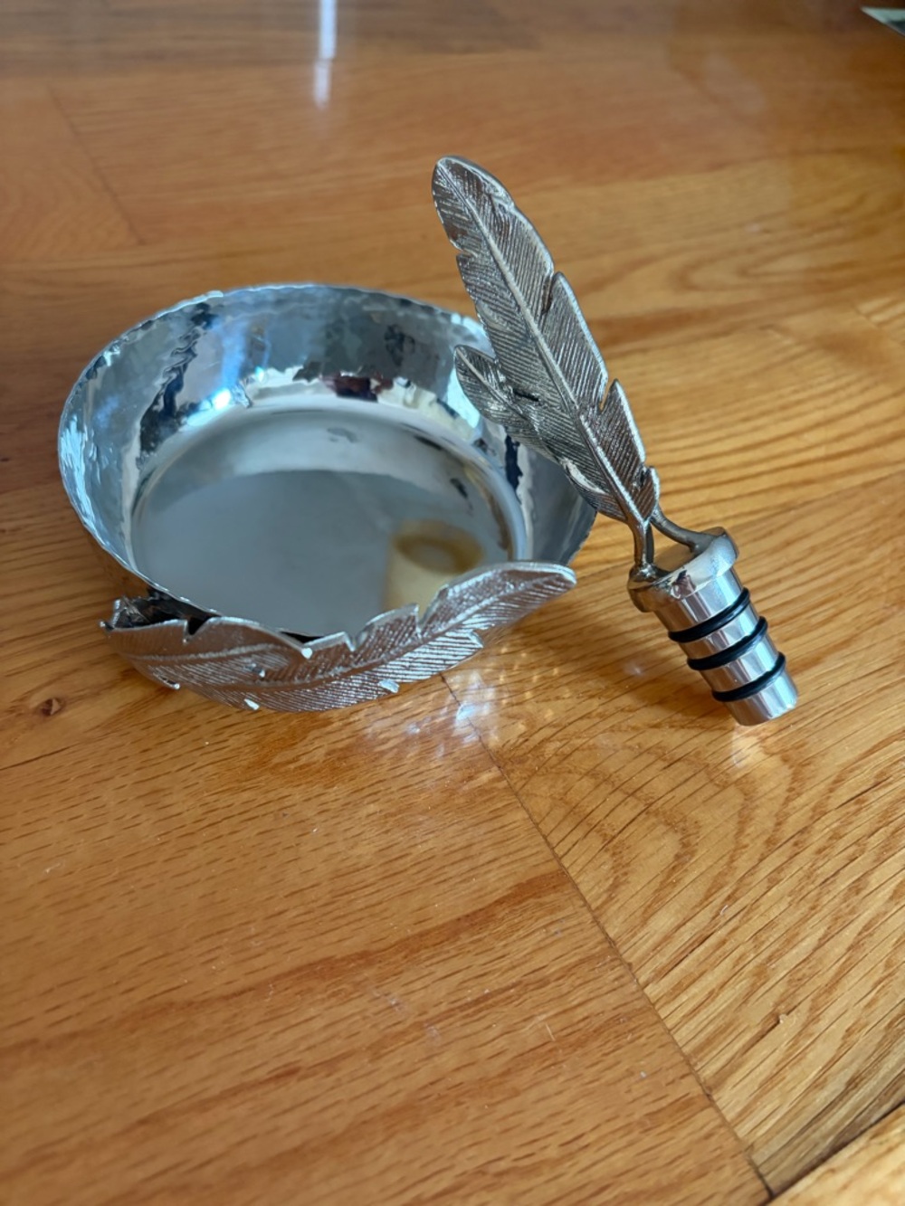 Michael Aran hammered silver tray and wine stopper feather accent